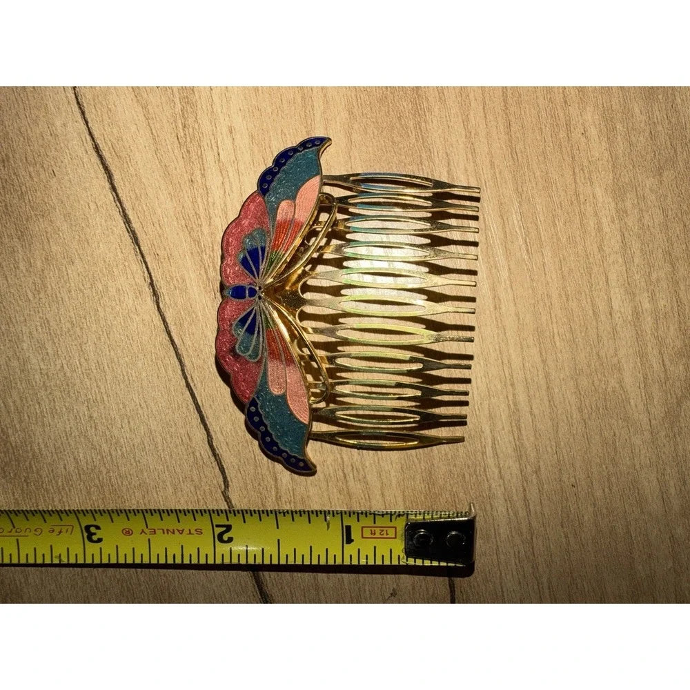 Vintage Cloisonné Hair Comb Gold Tone Blue Pink Enamel Butterfly